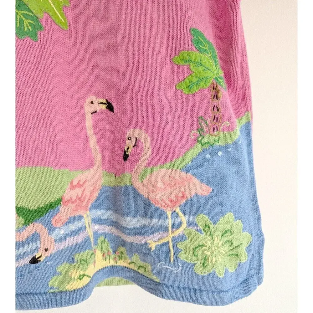 Quacker Factory Flamingo Tropical Novelty Embroidered Knit Top Pink Blue Small S